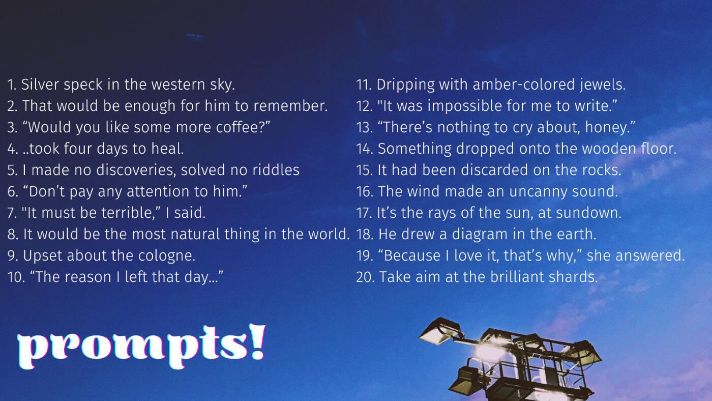 1. Silver speck in the western sky. 2. That would be enough for him to remember. 3. “Would you like some more coffee?” 4. ..took four days to heal. 5. I made no discoveries, solved no riddles 6. “Don’t pay any attention to him.” 7. "It must be terrible,” I